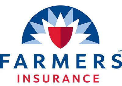 Farmers Insurance logo featuring a blue and white stylized shield with a red center, above the company name in blue and red text.