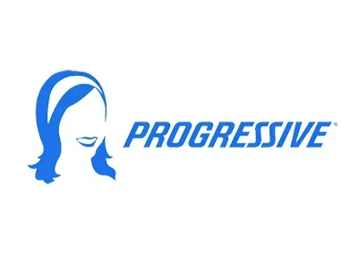 Blue silhouette of a woman’s head with a headband and the word “PROGRESSIVE” in bold blue uppercase letters to the right.