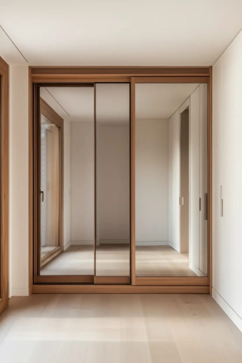 A wooden-framed closet with sliding mirrored doors reflects a minimalist, empty room with light-colored walls and floor.