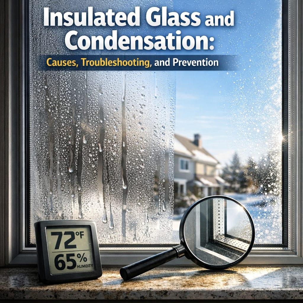 A window with condensation and water droplets; a digital display shows 72°F and 65% humidity; a magnifying glass rests nearby; text about insulated glass and condensation is overlaid.