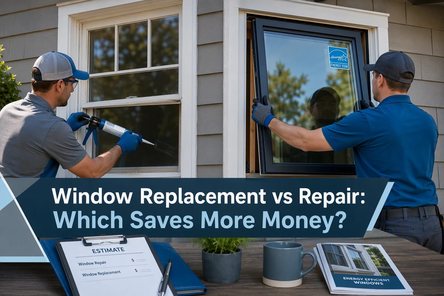 Two workers install and seal a window on a house exterior, demonstrating the difference between window replacement and repair. A sign reads “Window Replacement vs Repair: Which Saves More Money?”—prompting homeowners to consider the best way to save money. An estimate and brochure sit on a nearby table, ready for review. Two workers install and seal a window on a house exterior, demonstrating the difference between window replacement and repair. A sign reads “Window Replacement vs Repair: Which Saves More Money?”—prompting homeowners to consider the best way to save money. An estimate and brochure sit on a nearby table, ready for review.